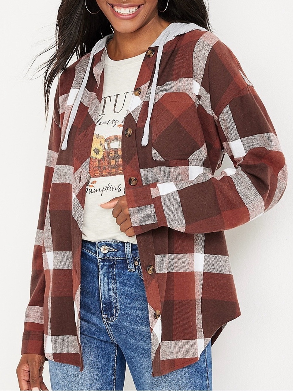 Maurices Cabin Plaid Hooded Boyfriend Shirt Brown & Gray Oversized Fall Medium